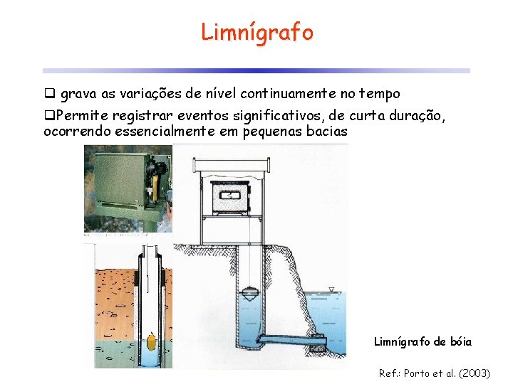 Limnígrafo q grava as variações de nível continuamente no tempo q. Permite registrar eventos