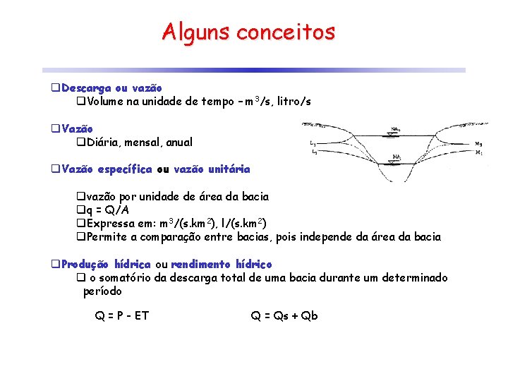 Alguns conceitos q. Descarga ou vazão q. Volume na unidade de tempo – m