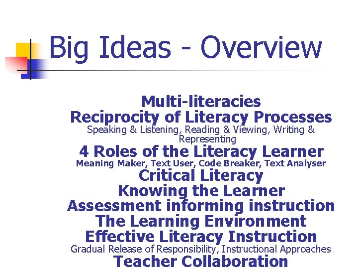 Big Ideas - Overview Multi-literacies Reciprocity of Literacy Processes Speaking & Listening, Reading &