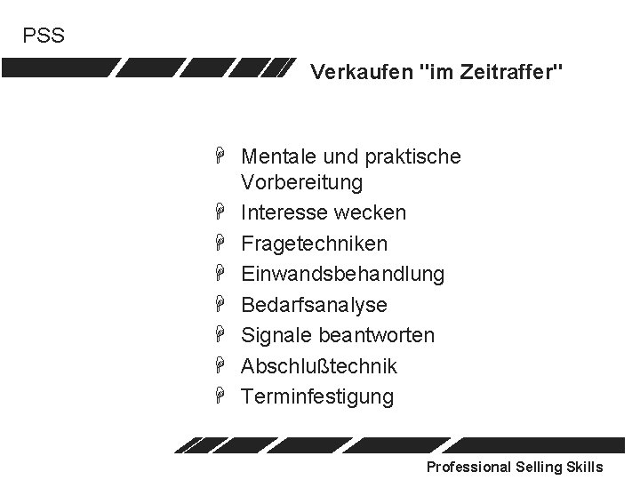PSS Verkaufen "im Zeitraffer" H Mentale und praktische Vorbereitung H Interesse wecken H Fragetechniken