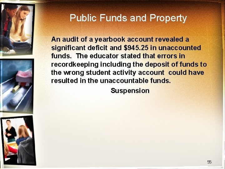 Public Funds and Property An audit of a yearbook account revealed a significant deficit