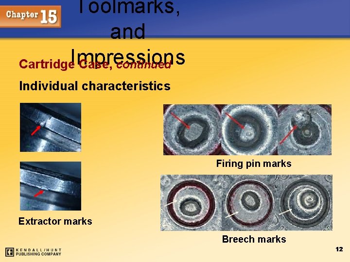 Toolmarks, and Cartridge. Impressions Case, continued Individual characteristics Firing pin marks Extractor marks Breech