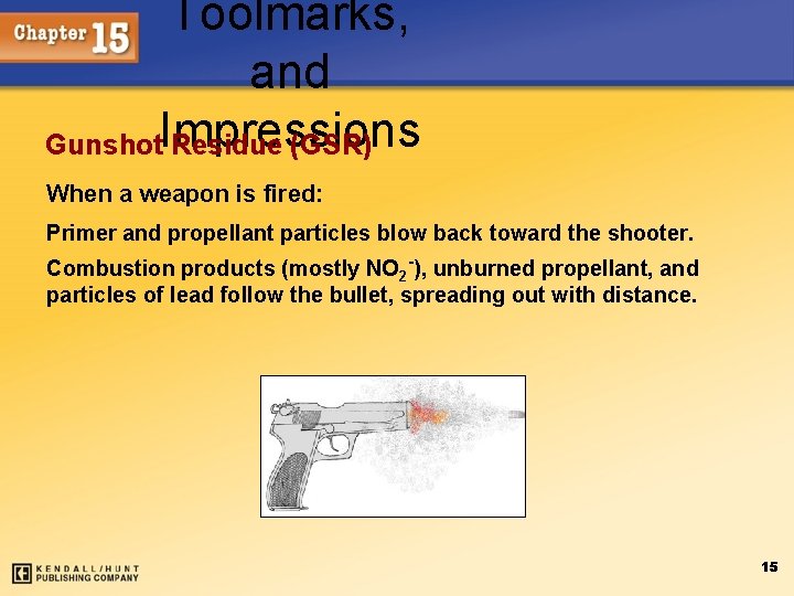 Toolmarks, and Gunshot. Impressions Residue (GSR) When a weapon is fired: Primer and propellant