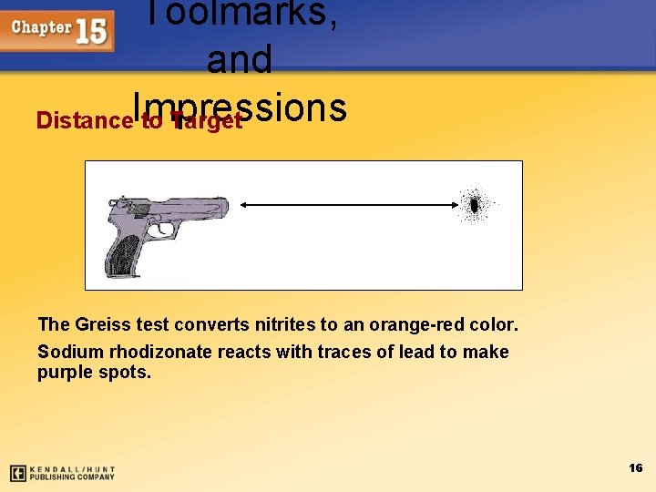 Toolmarks, and Distance. Impressions to Target The Greiss test converts nitrites to an orange-red