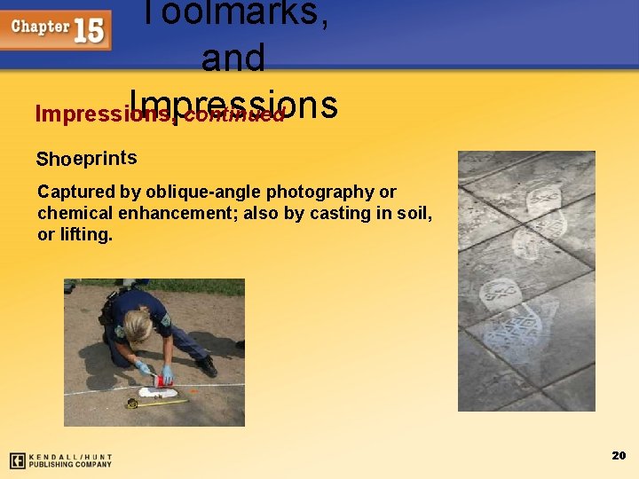 Toolmarks, and Impressions, continued Shoeprints Captured by oblique-angle photography or chemical enhancement; also by