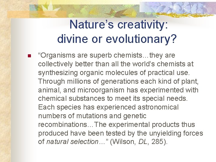  Nature’s creativity: divine or evolutionary? n “Organisms are superb chemists…they are collectively better