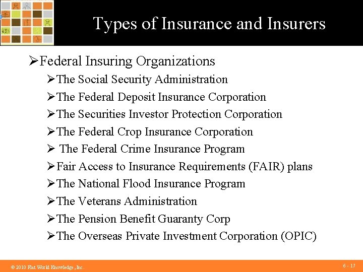 Types of Insurance and Insurers ØFederal Insuring Organizations ØThe Social Security Administration ØThe Federal