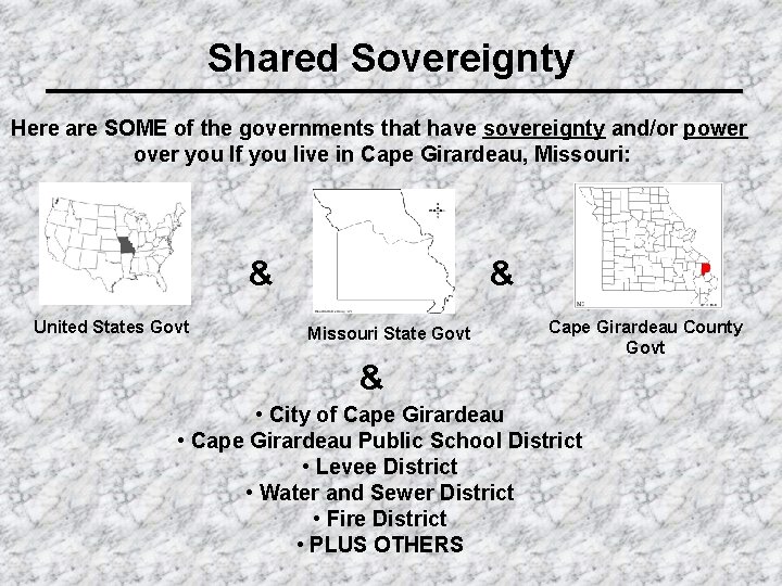 Shared Sovereignty Here are SOME of the governments that have sovereignty and/or power over