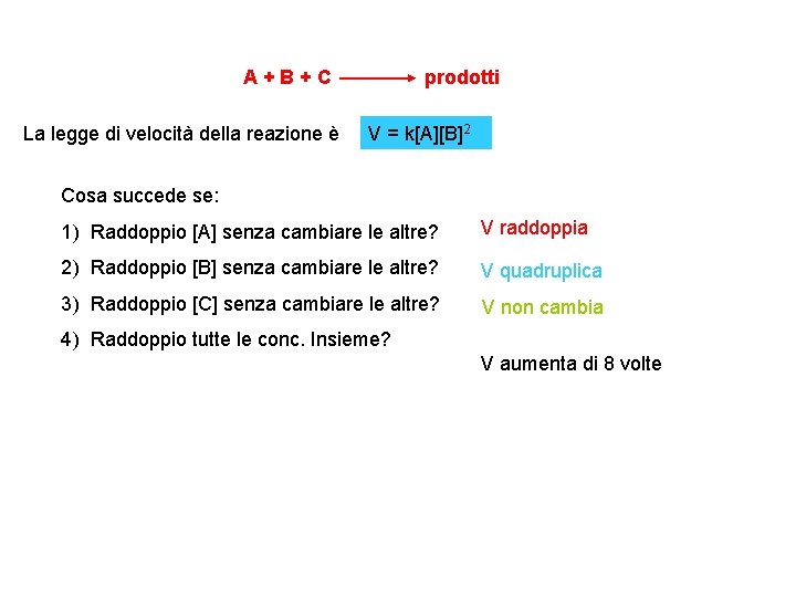 A+B+C La legge di velocità della reazione è prodotti V = k[A][B]2 Cosa succede