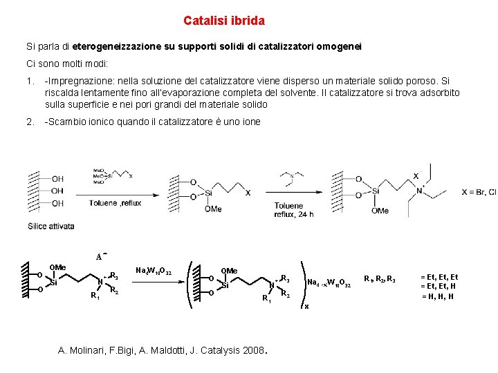 Catalisi ibrida Si parla di eterogeneizzazione su supporti solidi di catalizzatori omogenei Ci sono