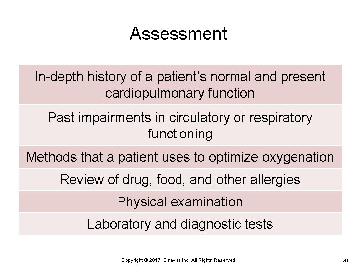 Assessment In-depth history of a patient’s normal and present cardiopulmonary function Past impairments in