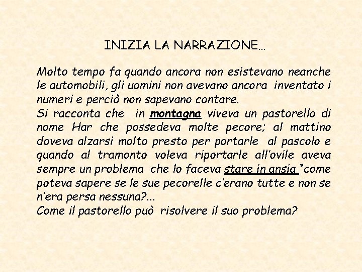 INIZIA LA NARRAZIONE… Molto tempo fa quando ancora non esistevano neanche le automobili, gli