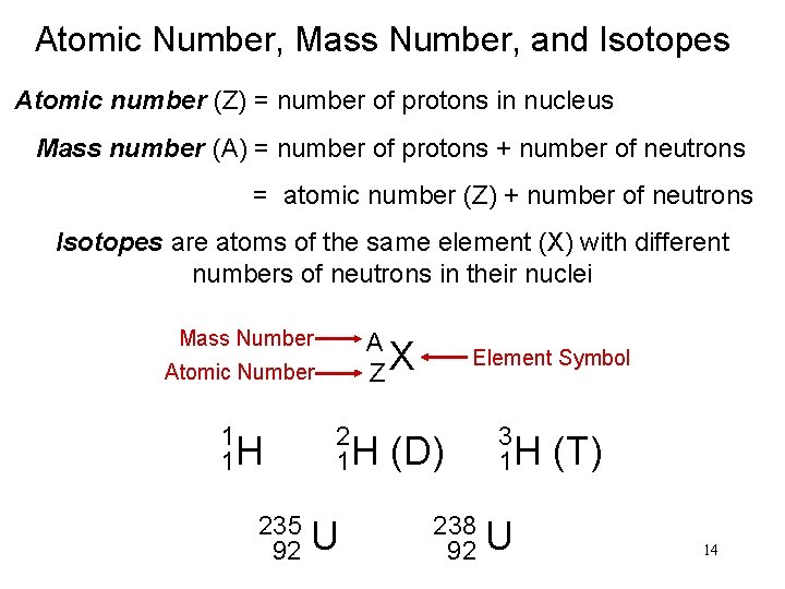 Atomic Number, Mass Number, and Isotopes Atomic number (Z) = number of protons in