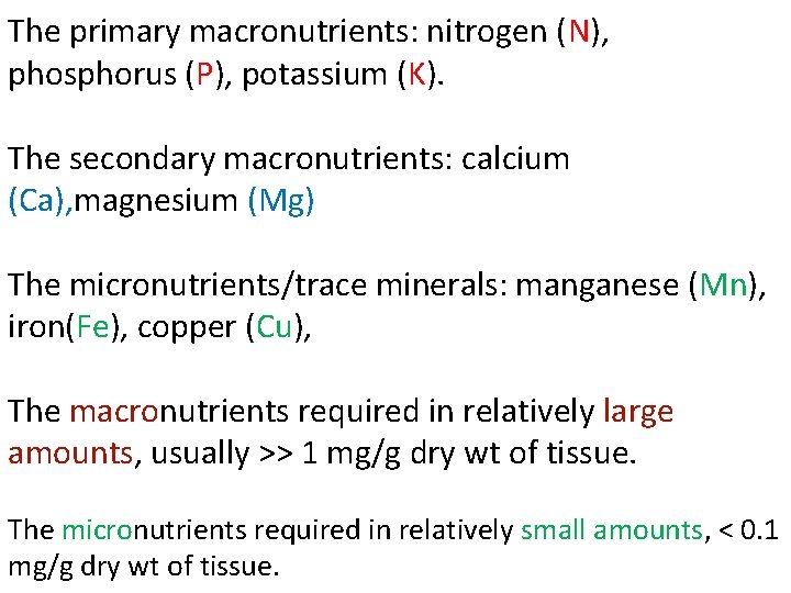The primary macronutrients: nitrogen (N), phosphorus (P), potassium (K). The secondary macronutrients: calcium (Ca),