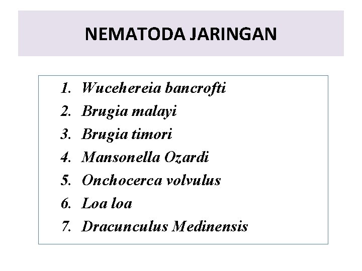 NEMATODA JARINGAN 1. 2. 3. 4. 5. 6. 7. Wucehereia bancrofti Brugia malayi Brugia NEMATODA JARINGAN 1. 2. 3. 4. 5. 6. 7. Wucehereia bancrofti Brugia malayi Brugia