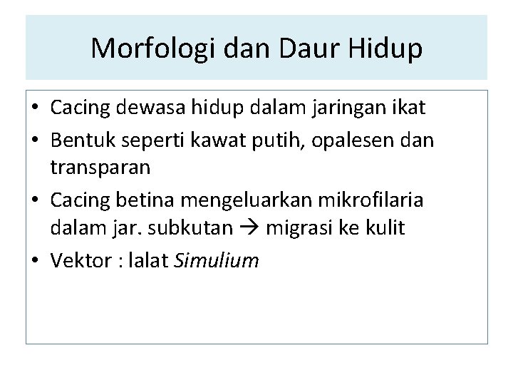 Morfologi dan Daur Hidup • Cacing dewasa hidup dalam jaringan ikat • Bentuk seperti Morfologi dan Daur Hidup • Cacing dewasa hidup dalam jaringan ikat • Bentuk seperti