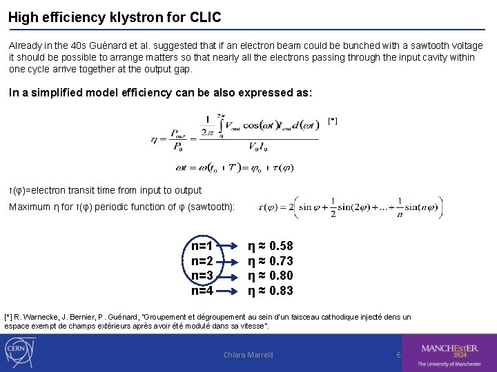High efficiency klystron for CLIC Already in the 40 s Guénard et al. suggested
