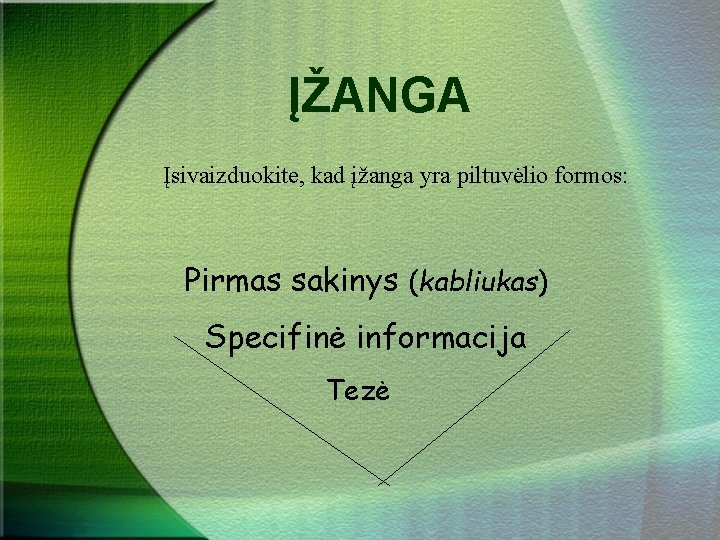 ĮŽANGA Įsivaizduokite, kad įžanga yra piltuvėlio formos: Pirmas sakinys (kabliukas) Specifinė informacija Tezė 