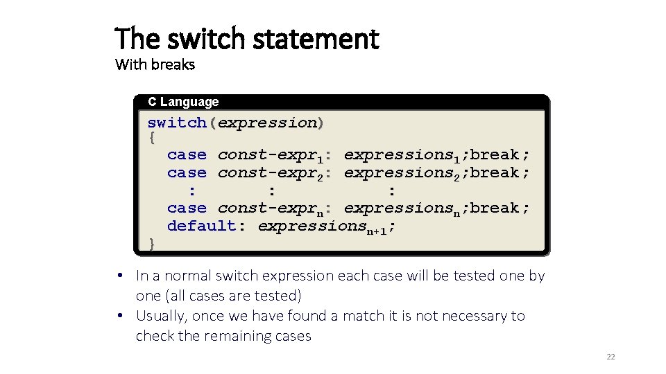 The switch statement With breaks C Language switch(expression) { case const-expr 1: expressions 1;