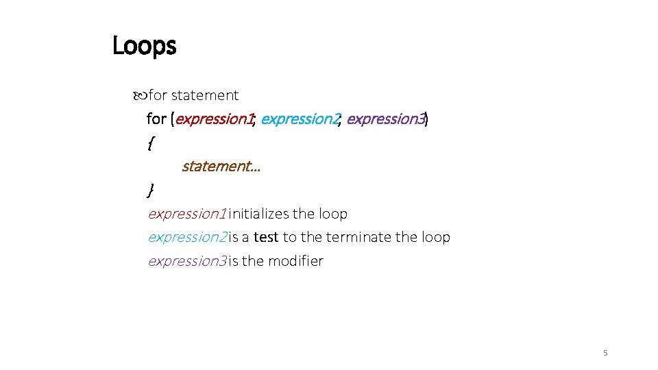 Loops for statement for (expression 1; expression 2; expression 3) { statement… } expression