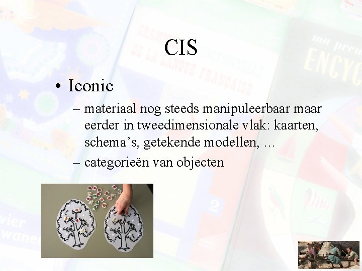 CIS • Iconic – materiaal nog steeds manipuleerbaar maar eerder in tweedimensionale vlak: kaarten,