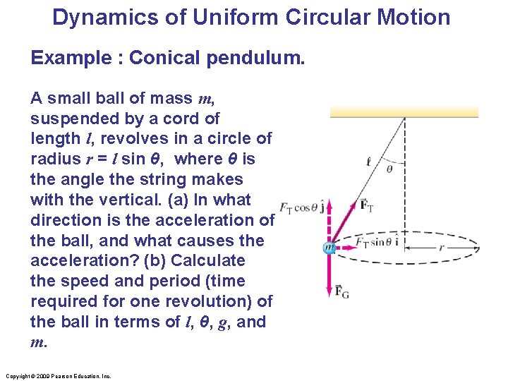 Dynamics of Uniform Circular Motion Example : Conical pendulum. A small ball of mass Dynamics of Uniform Circular Motion Example : Conical pendulum. A small ball of mass