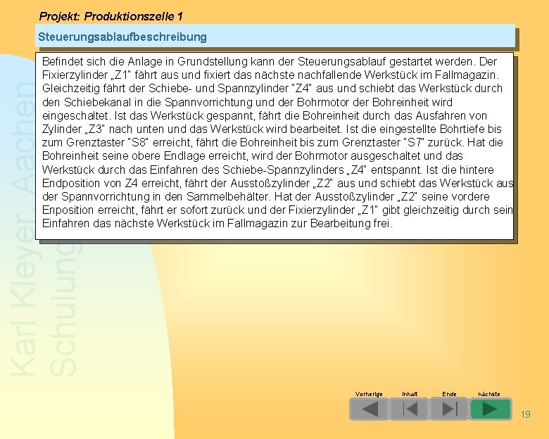 Projekt: Produktionszelle 1 Steuerungsablaufbeschreibung Karl Kleyer, Aachen Schulungen am PC Befindet sich die Anlage Projekt: Produktionszelle 1 Steuerungsablaufbeschreibung Karl Kleyer, Aachen Schulungen am PC Befindet sich die Anlage