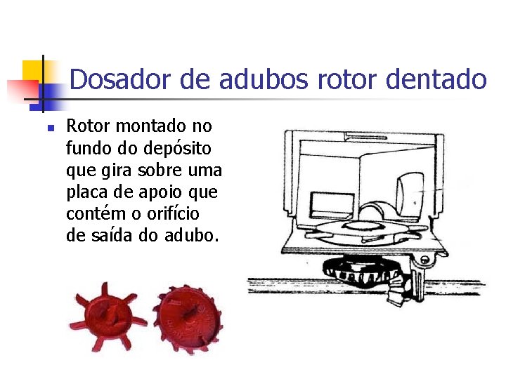 Dosador de adubos rotor dentado n Rotor montado no fundo do depósito que gira