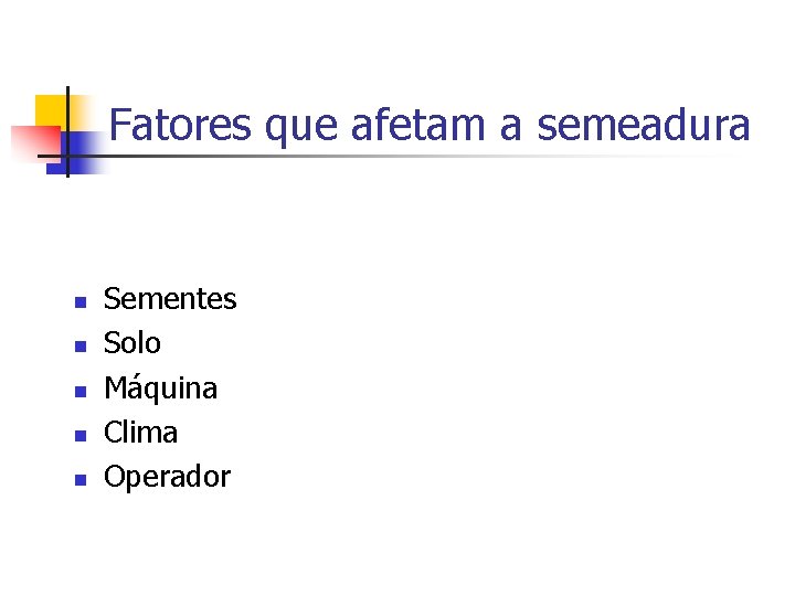 Fatores que afetam a semeadura n n n Sementes Solo Máquina Clima Operador 