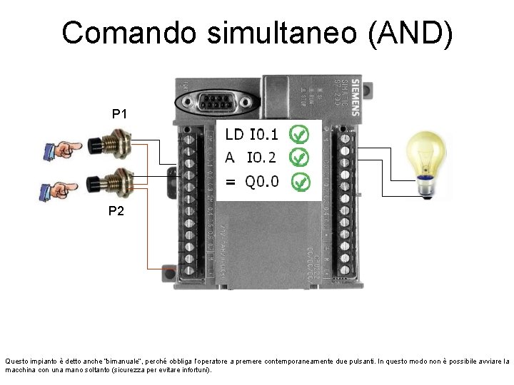 Comando simultaneo (AND) P 1 P 2 Questo impianto è detto anche “bimanuale”, perché