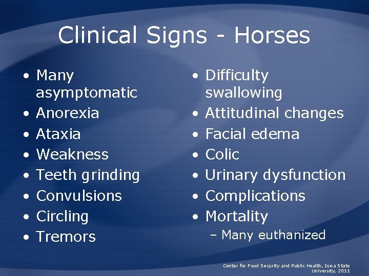 Clinical Signs - Horses • Many asymptomatic • Anorexia • Ataxia • Weakness •