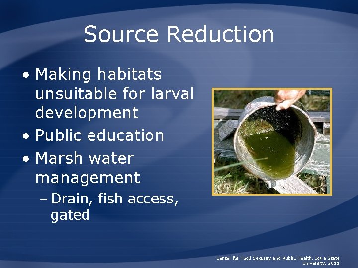 Source Reduction • Making habitats unsuitable for larval development • Public education • Marsh