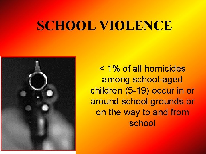 SCHOOL VIOLENCE < 1% of all homicides among school-aged children (5 -19) occur in SCHOOL VIOLENCE < 1% of all homicides among school-aged children (5 -19) occur in