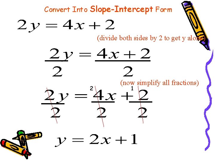 Convert Into Slope-Intercept Form (divide both sides by 2 to get y alone) 2