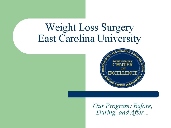 Weight Loss Surgery East Carolina University Our Program: Before, During, and After… 