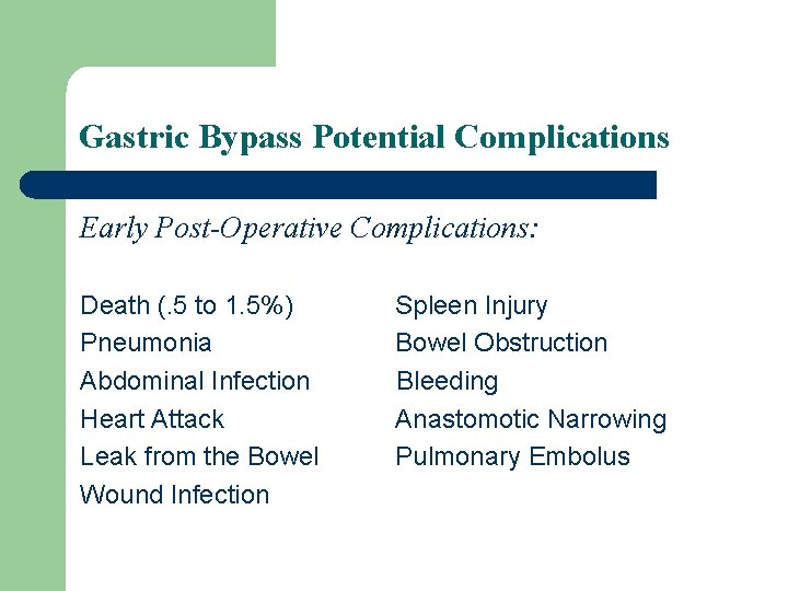 Gastric Bypass Potential Complications Early Post-Operative Complications: Death (. 5 to 1. 5%) Pneumonia