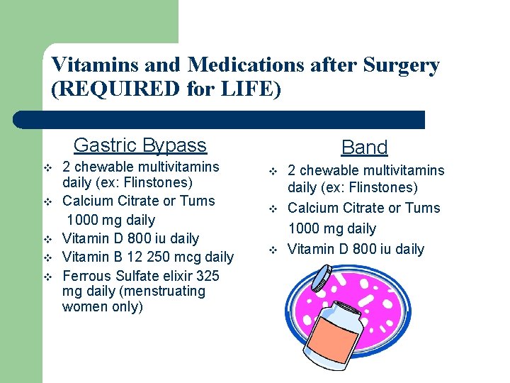 Vitamins and Medications after Surgery (REQUIRED for LIFE) Gastric Bypass v v v 2