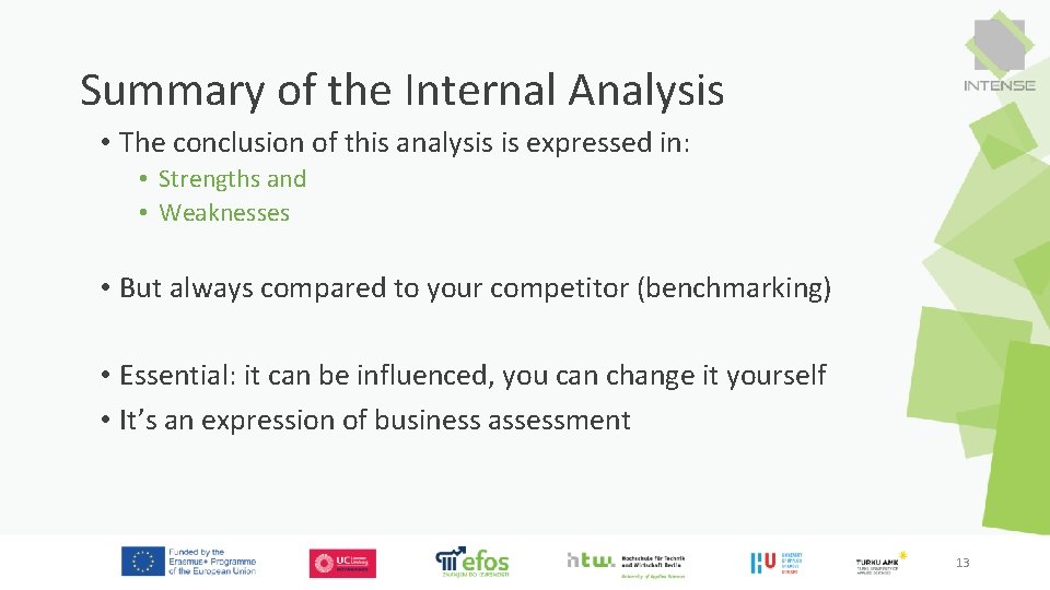 Summary of the Internal Analysis • The conclusion of this analysis is expressed in: