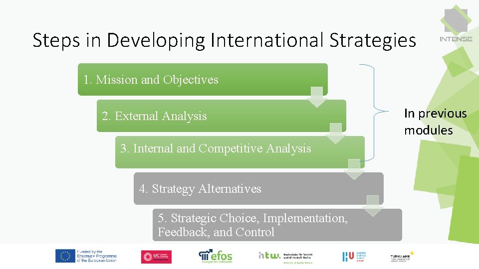 Steps in Developing International Strategies 1. Mission and Objectives 2. External Analysis In previous