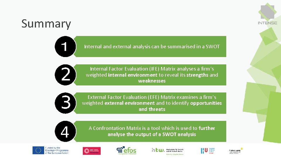 Summary Internal and external analysis can be summarised in a SWOT Internal Factor Evaluation