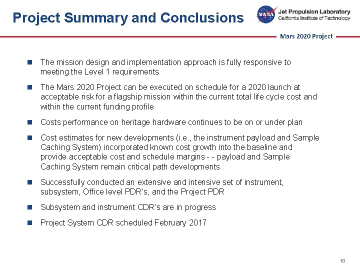 Project Summary and Conclusions Mars 2020 Project n The mission design and implementation approach