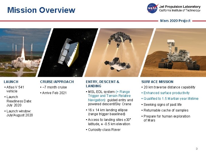 Mission Overview Mars 2020 Project LAUNCH CRUISE/APPROACH ENTRY, DESCENT & LANDING SURFACE MISSION •