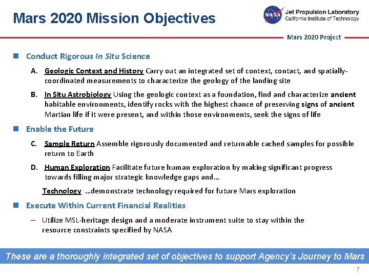 Mars 2020 Mission Objectives Mars 2020 Project n Conduct Rigorous In Situ Science A.