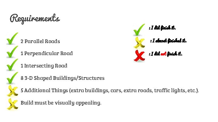 Requirements 2 Parallel Roads 1 Perpendicular Road : I did finish it. : I