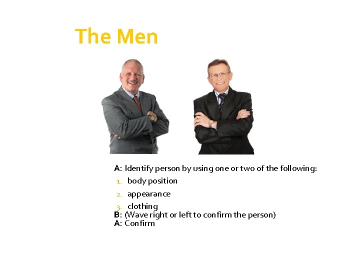 The Men A: Identify person by using one or two of the following: 1.