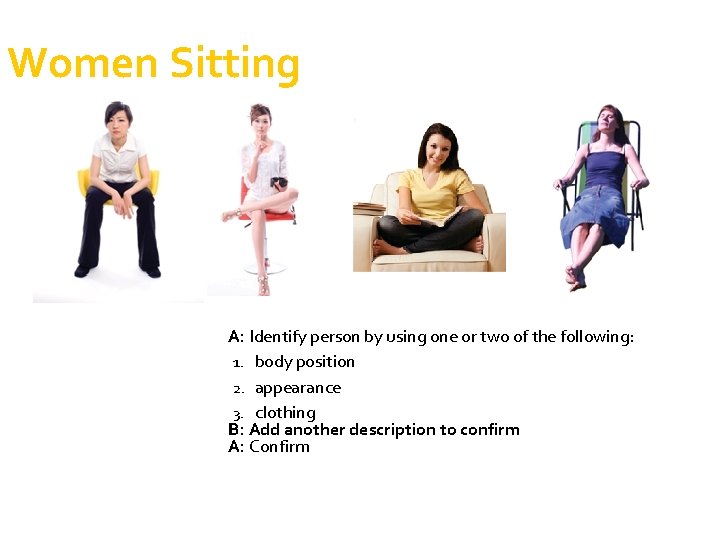 Women Sitting A: Identify person by using one or two of the following: 1.