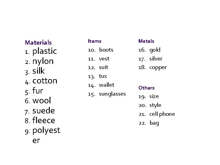 Materials 1. plastic 2. nylon 3. silk 4. cotton 5. fur 6. wool 7.