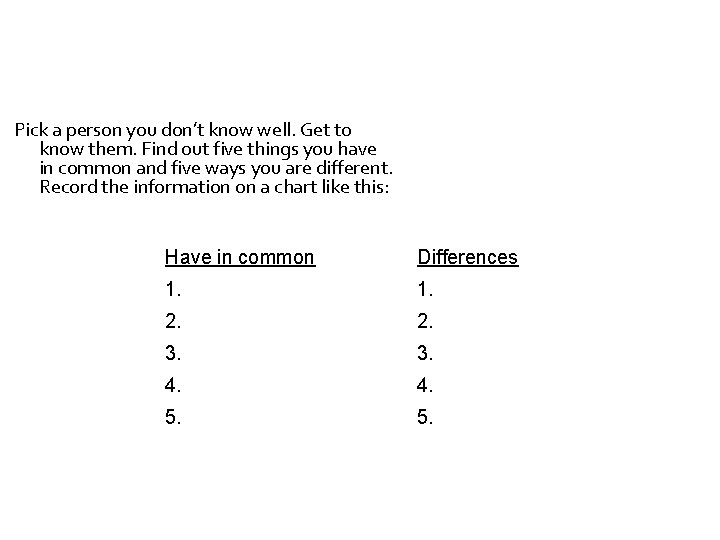 Pick a person you don’t know well. Get to know them. Find out five