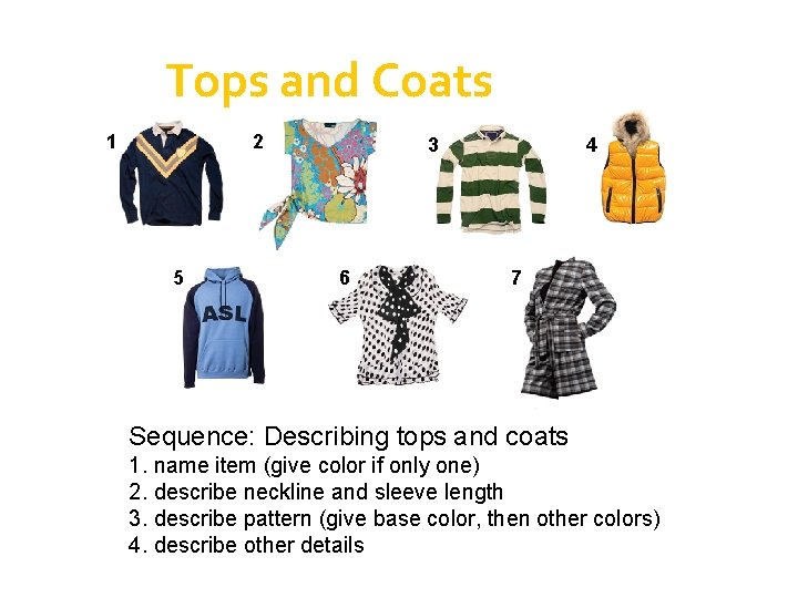 Tops and Coats 1 2 5 4 3 6 7 Sequence: Describing tops and