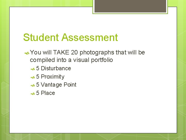 Student Assessment You will TAKE 20 photographs that will be compiled into a visual